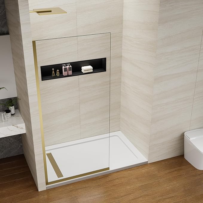 Shower Screen 36" x 76" Shower Wall Panel Brushed Gold | Tempered Glass 3/8 inch, Half Frameless Shower Wall Panel, Easy to clean Coating, Fixed Glass Shower Door With Hardware