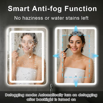 LED Bathroom Mirror, 20x28 in Vanity Mirrors with Backlit Lights for Shaving, Fogless Makeup Mirror Wall Mounted with Demister, Dimmable 3 Color Lighting, IP54, Hand Swipe, Vertically Only