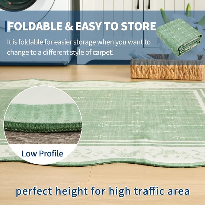 Garvee Large Area Rug Washable 10x13 Scalloped Floral Living Room Rug Green | Soft Non Slip Low Pile Indoor Carpet Stain Resistant Modern Bordered Accent Carpet for Bedroom Nursery Kids Room Office