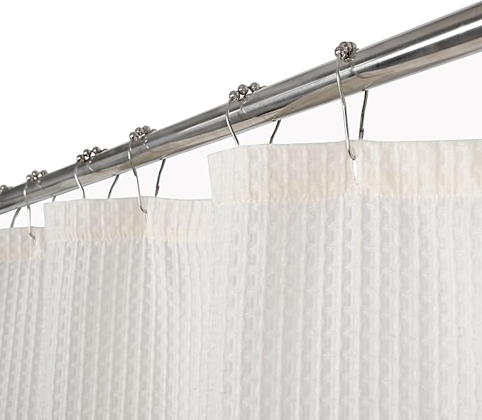 DOSLY Ides Farmhouse Shower Curtain, Beige and Blue Striped, Button Curtain, Spa Waffle and Cotton Woven Fabric, Rustic Charm Country Chic Style, 72x72 in, Bathroom