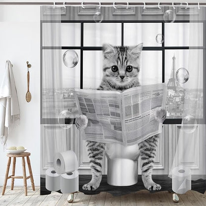 Cute Cat Shower Curtain, Funny Cat Reading on Toilet Shower Curtain Set, Black White Grey Fabric Shower Curtains for Kids Bathroom with Hooks 72X72inches