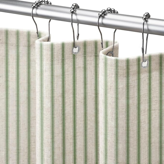 Farmhouse Striped Shower Curtain Green Vintage Linen Curtain 72"W X 84"L | Extra Long Striped Shower Curtains with Linen Texture for Bathroom Decor