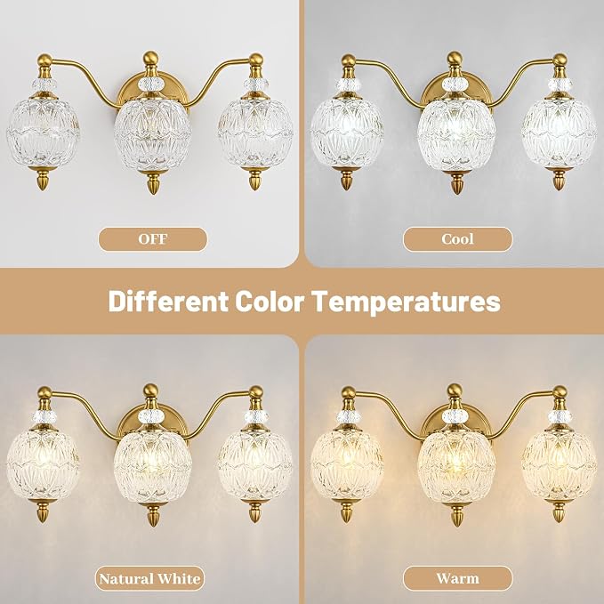 Vintage Bathroom Vanity Light, 3-Light Mid Century Brushed Gold Finish Wall Sconce with Globe Glass Shades, Retro Mirror Light for Bathroom, Powder Room