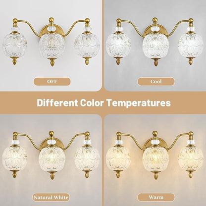 Vintage Bathroom Vanity Light, 3-Light Mid Century Brushed Gold Finish Wall Sconce with Globe Glass Shades, Retro Mirror Light for Bathroom, Powder Room