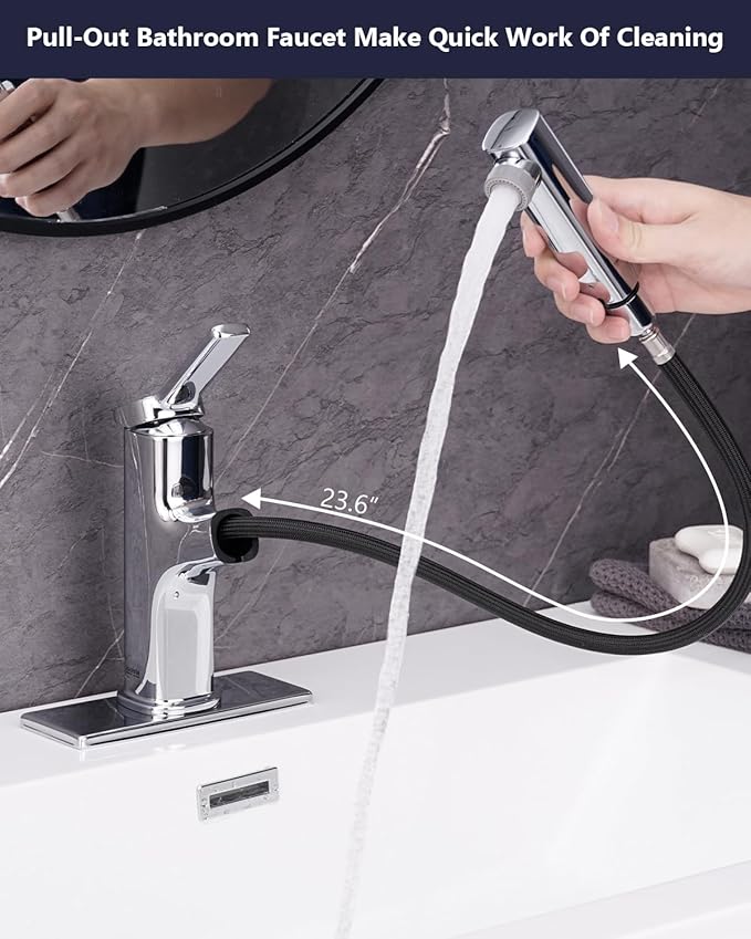 Pull Out Bathroom Faucet, Single Handle Bathroom Sink Faucet with Pull Out Sprayer, Bathroom Faucet for Sink, with Pop-up Drain & Deck Plate 1 or 4-inch Centerset 3 Hole, Chrome