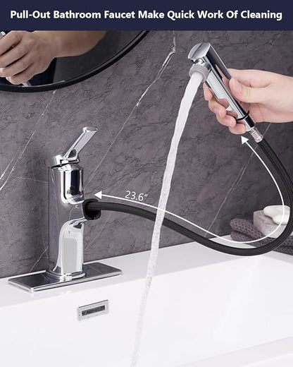 Pull Out Bathroom Faucet, Single Handle Bathroom Sink Faucet with Pull Out Sprayer, Bathroom Faucet for Sink, with Pop-up Drain & Deck Plate 1 or 4-inch Centerset 3 Hole, Chrome