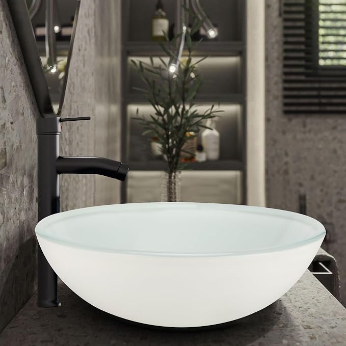 16.5" White Glass Vessel Sink with Faucet and Drain – Modern Round Countertop Bathroom Sink Bowl, Transparent Above Counter Vanity Basin for Small Spaces