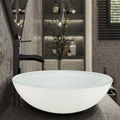 16.5" White Glass Vessel Sink with Faucet and Drain – Modern Round Countertop Bathroom Sink Bowl, Transparent Above Counter Vanity Basin for Small Spaces