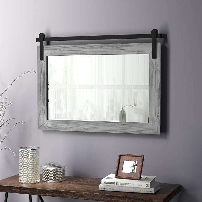 COGOOD Farmhouse Bathroom Mirrors for Over Sink - 26 x 41 Grey | Rustic Barn Door Wood Framed Vanity Mirror for Entryway, Living Room, Bedroom, Dresser Wall Decor