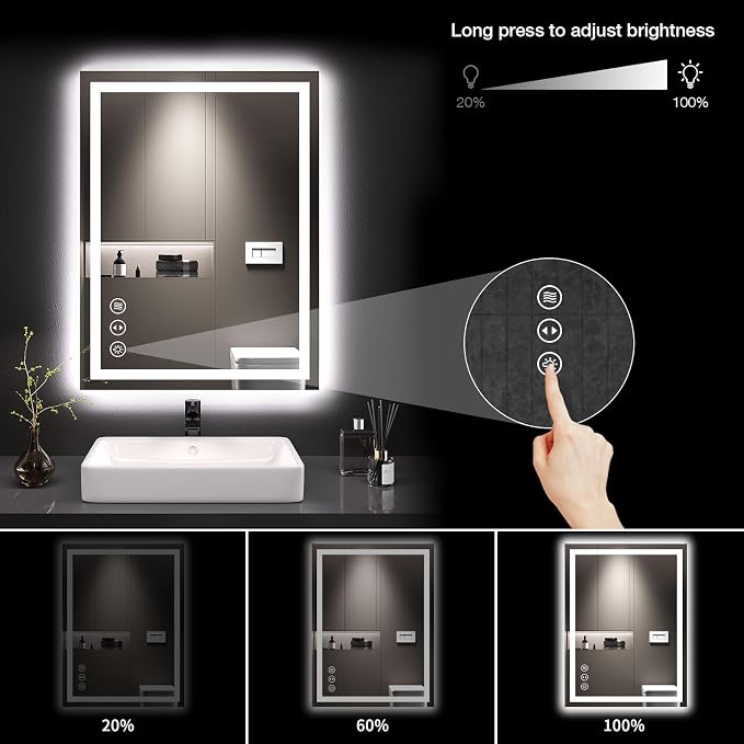 LOAAO 24"X32" LED Bathroom Mirror with Lights, UL Listed | Anti-Fog, Dimmable, 3 Color Temperature, Backlit + Front Lit, Memory Function, Tempered Glass
