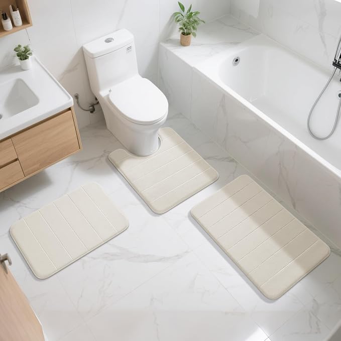 Yimobra Memory Foam Bath Mat, Super Soft Absorbent Bathroom Rug Non Slip 31.5x20 Inch, Quick Dry, Machine Washable Floor Carpet for Tub Shower, Home Decor Accessories, Cream
