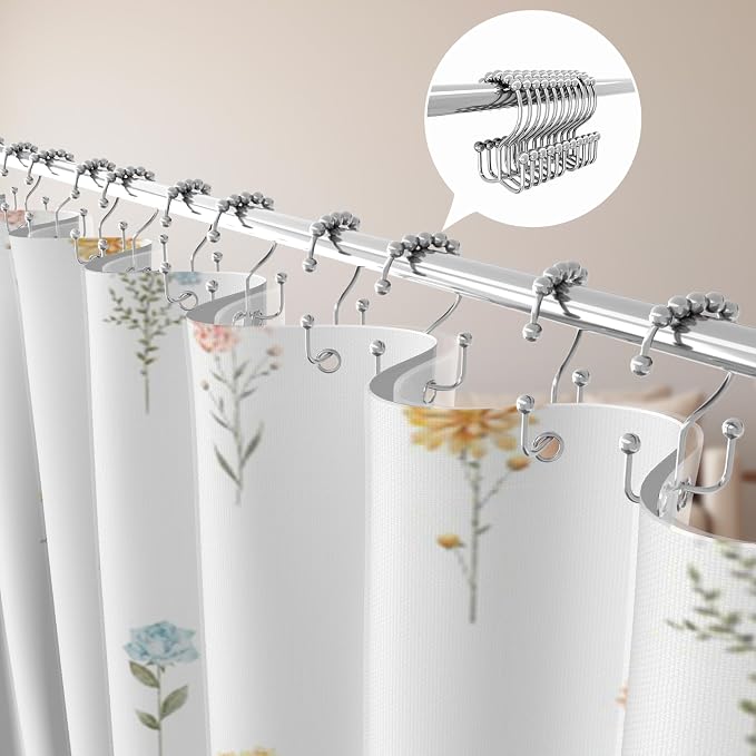 3 in 1 Shower Curtain Set, Botanical Floral | Polyester Bath Curtain with Magnetic PEVA Liner and 12 Double Sided Stainless Steel Hooks 72x72 Inches