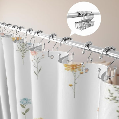 3 in 1 Shower Curtain Set, Botanical Floral | Polyester Bath Curtain with Magnetic PEVA Liner and 12 Double Sided Stainless Steel Hooks 72x72 Inches