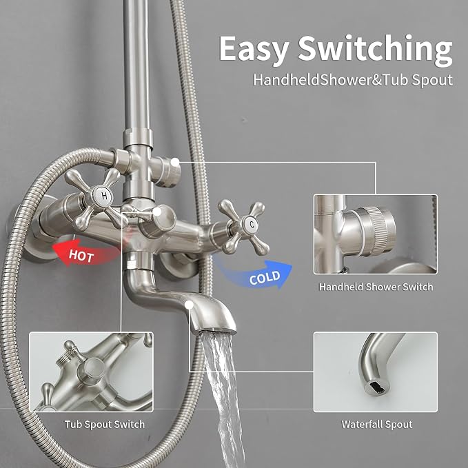 Exposed Shower System,Outdoor Shower Kit,Brushed Nickel | 8 Inch Rain Shower Head Sprayers,Handheld Shower Head & Tub Spout,Solid Brass,Dual Handle,High Pressure,Wall Mounted