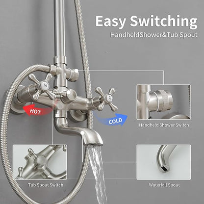 Exposed Shower System,Outdoor Shower Kit,Brushed Nickel | 8 Inch Rain Shower Head Sprayers,Handheld Shower Head & Tub Spout,Solid Brass,Dual Handle,High Pressure,Wall Mounted