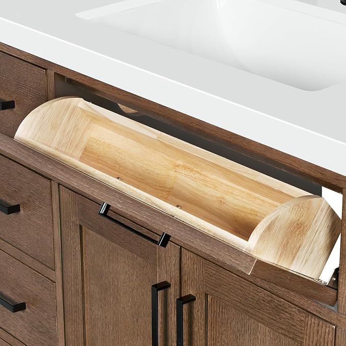 ARIEL Hepburn 60-inch Bathroom Vanity with Sink,Solid Wood, 1.5-inch Pure White Quartz Countertop, Single Rectangular Porcelain Sink, 2 Soft Closing Doors, 9 Dovetail Drawers, Brown Oak