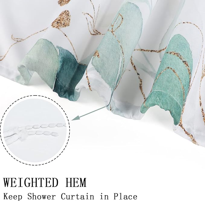 Eucalyptus Leaf Shower Curtains, Weighted Bottom Sage Green Watercolor Botanical Plants with Gold Branches Spring Fabric Bathroom Curtain Waterproof Washable 12 Hooks,60''x72'' (GCI-8126)