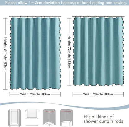 MIULEE 72"x84" Extra Long Scalloped Linen Shower Curtain Teal | Linen Textured, Waterproof, Washable, 12 Metal Hooks, Heavy Duty Cloth, Black Border, Shower Curtain for Bathroom Bathtub