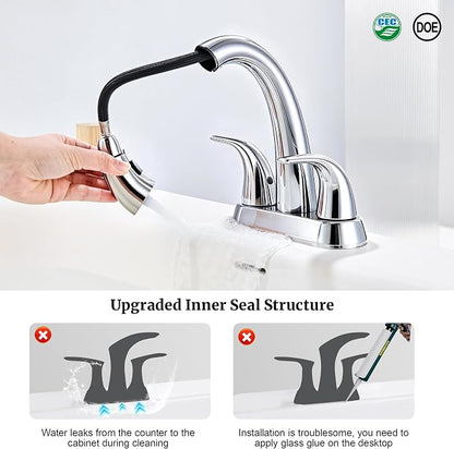 Bathroom Sink Faucet with Sprayer, 4 Inch Faucet Chrome with Pop Up Drain | Ultimate Unicorn Centerset Pull Down Vanity Faucets 3 Hole- Two Handle Modern Washbasin Tap Set for Rv Lavatory Restroom