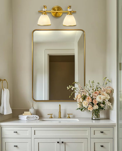 Gold Vanity Light, 2-Light Brushed Gold Bathroom Light Fixtures, Vintage Bathroom Light with Milky White Bell Glass Shades, Eye-Friendly Wall Sconce for Mirror, Kitchen, Bedroom, Hallway