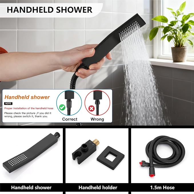 Midanya Shower System with Tub Spout,8 Inch Shower Head,Matte Black | with Valve & Trim Kit,Square Rain Head,Handheld Sprayer,Waterfall Spout,All Metal Wall Mount Bathroom Shower Tub Faucet Set