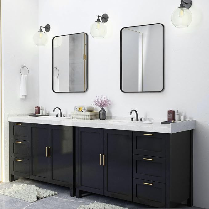 Black Framed Bathroom Mirror, 24" x 32", Matte Black | Rounded Corner Rectangle Vanity Mirror, Brushed Frame, Tempered Glass, Anti-Rust, Hangs Horizontally or Vertically