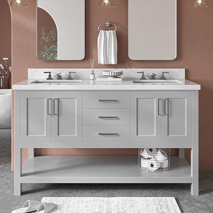 ARIEL Magnolia 60-inch Bathroom Vanity with Sink,Solid Wood, 1.5-inch Italian Carrara Marble Countertop, Double Rectangular Porcelain Sink, 4 Soft Closing Doors, 3 Dovetail Drawers, Grey