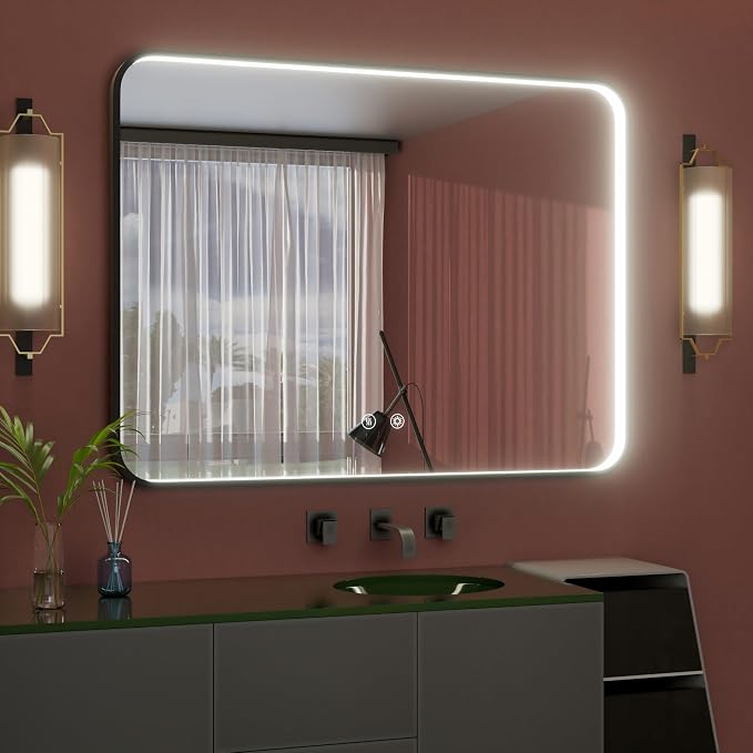 48"x36" Black LED Bathroom Mirror with Lights, 3000K/4500K/6000K | Stepless Dimmable, Memory, Anti-Fog, Aluminum Frame Wall Mounted Lighted Bathroom Vanity Mirror, ETL Listed, IP54 Waterproof