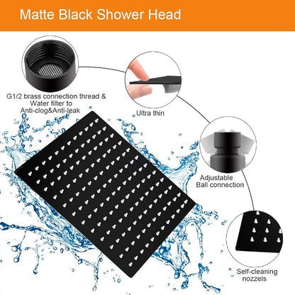 Shower Head with Extension Arm, High Pressure Square with ShowerArm, Stainless Steel Rainfall -Waterfall Full Body Coverage (12'' Shower with 16'' Arm, Matte Black)