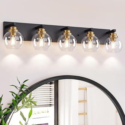 LmnLvn Bathroom Light Fixtures, Farmhouse Black & Gold Metal with Globe | 5-Light Rustic Vanity Lights,Easy To Install, Mounted Over Mirror for Bathroom, Bedroom & Hallway