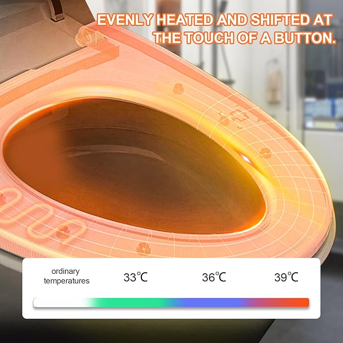 Heated Toilet Seat with Temperature Display and Built-in Side Control, 3-Speed Heating Mode Elongated Toilet Seats with Earth Leakage Protection, Slow Close Warming Toilet Seat with Auto Night Light