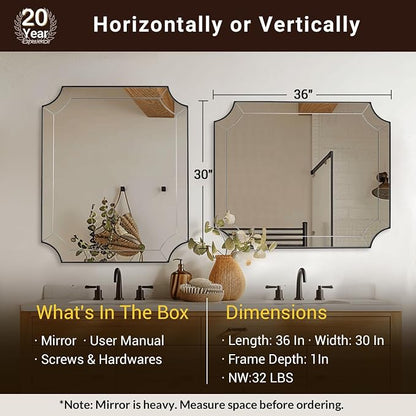 Matte Black Mirror 30x36 Inch, Black Scalloped Wall Mirror, Unique Rectangular Bathroom Mirror in Premium Stainless Steel Metal Frame 1" Deep, Hangs Vertically/Horizontally