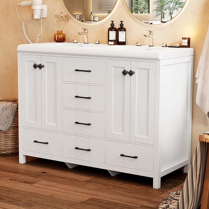 48" White Bathroom Vanity with Double Sink, 47.3" × 19.7" × 35.5" Bathroom Vanity Cabinet with 2 Doors & 6 Drawers, Modern Vanity Set with Ceramic Sinks