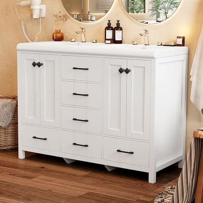 48" White Bathroom Vanity with Double Sink, 47.3" × 19.7" × 35.5" Bathroom Vanity Cabinet with 2 Doors & 6 Drawers, Modern Vanity Set with Ceramic Sinks
