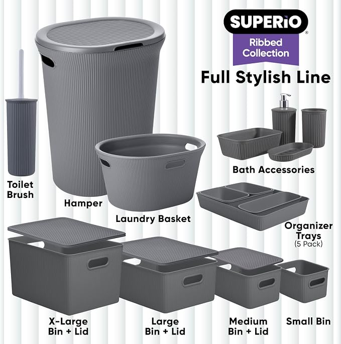 Superio Ribbed Collection - Decorative Plastic Bathroom Accessories Set, Grey (Set of 4) Soap Dish Liquid Dispenser, Toothbrush Holder Cup, Vanity Organizer Tray - Bath Accessory Countertop Decor Gift