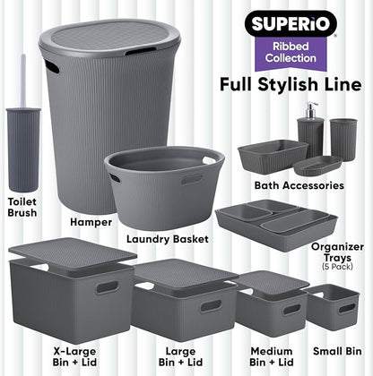 Superio Ribbed Collection - Decorative Plastic Bathroom Accessories Set, Grey (Set of 4) Soap Dish Liquid Dispenser, Toothbrush Holder Cup, Vanity Organizer Tray - Bath Accessory Countertop Decor Gift