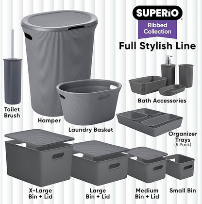 Superio Ribbed Collection Toilet Bowl Brush and Holder Set, Decorative Plastic Bathroom Toilet Brush with Holder, Toilet Cleaner Scrubber, Gray - 1 Pack