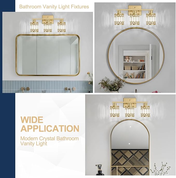 Crystal Modern Bathroom Light Fixtures, 3-Light Brushed Gold Bathroom Vanity Wall Light, Vanity Lights for Mirror, Restroom, Bedroom (E26 Socket, Bulbs Not Included)