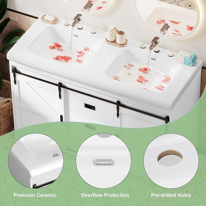 48" White Farmhouse Double Bathroom Vanity, 2 Ceramic Sinks, Freestanding with 2 Sliding Doors, 2 Drawers & Shelves, Actual 47.3" L x 19.7" W x 35.5" H