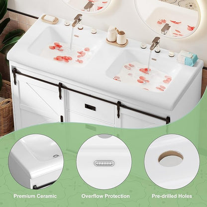 48" White Farmhouse Double Bathroom Vanity, 2 Ceramic Sinks, Freestanding with 2 Sliding Doors, 2 Drawers & Shelves, Actual 47.3" L x 19.7" W x 35.5" H