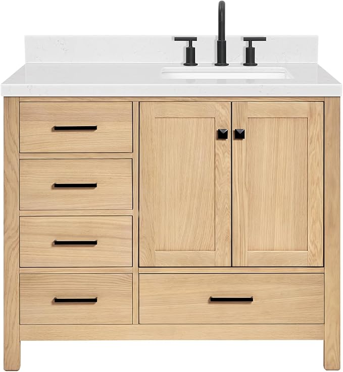 ARIEL 42 inch Bathroom Vanity top with Sink, 1.5 Inch Thick Miter Edge Carrara White Quartz top, Right Offset Vanity top with Rectangle Porcelain Sink, Includes Backsplash