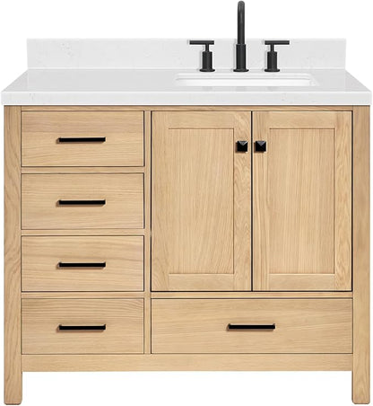ARIEL 42 inch Bathroom Vanity top with Sink, 1.5 Inch Thick Miter Edge Carrara White Quartz top, Right Offset Vanity top with Rectangle Porcelain Sink, Includes Backsplash