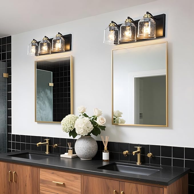 Vanity Lights for Bathroom Large 23", Farmhouse Rustic Vanity Light with Bubble Glass Shades, Black and Gold 3 Light Bathroom Lighting Fixtures Over Mirror, Bath Wall Sconce Home Decor