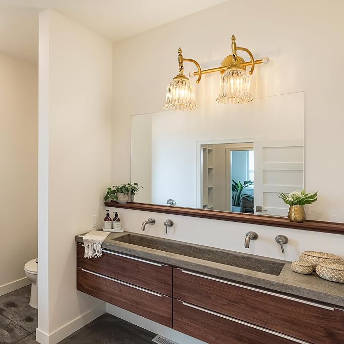 CVKASH 2-Light Bathroom Vanity Light Fixtures Over Mirror,Brushed Gold Modern Vanity Light with Glass Shade Vintage Wall Sconce for Bedroom Dressing Room Living Room Hallway Cabinet