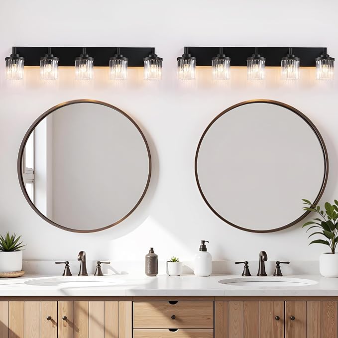 5-Light Black Bathroom Vanity Light, Crystal Glass Shades | Modern Wall Lighting Fixtures Over Mirror, for Bathroom, Matte Black Finish, Rust-resistant Metal, Farmhouse Industrial Style