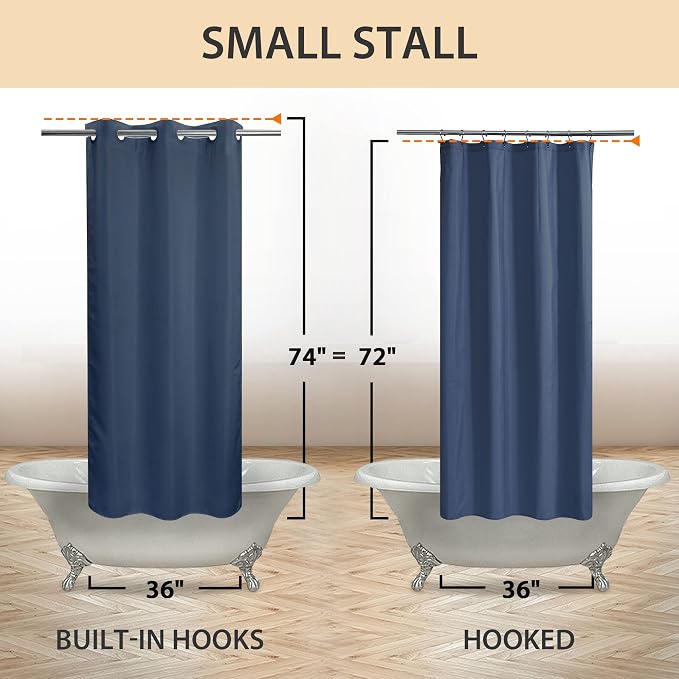 River Dream No Hook Stall Shower Curtain or Liner Microfiber Navy, 36x74 | Waterproof Small Fabric Shower Curtain Set for Narrow Stall, Bottom Magnets, Soft & Machine Washable, 36W x 74H