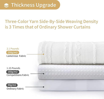 Extra Long White Shower Curtain Boho, 72 x 84 Cotton Blend Waffle Weave Stripe Textured Heavy Duty, Fabric Shower Curtain for Bathroom, Hotel, Washable