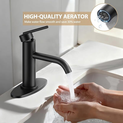 Black Bathroom Faucet for Single Handle,HURRAN Bathroom Faucet 1 Hole with Pop-up Drain and Deck,Fits 1 Hole or 3 Hole Installations for Vanity,Bathroom & RV