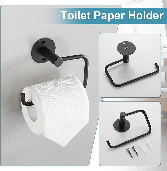 Towel Racks for Bathroom 4 Pieces,Matte Black Stainless Steel Bathroom Accessories Set Wall Mounted Included 24 Inches Towel bar,Towel Holder,Toilet Paper Holder,Robe Hook