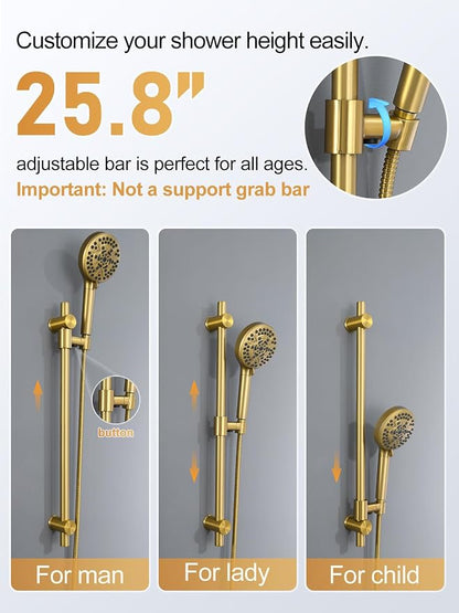 Woindo Shower Faucet Set with Slide Bar, 12" Rain Shower Head/8'' Side Shower Head and 10 Setting Handheld Ceiling Mount 3 Push Button Diverter Complete Rainfall Shower System Included Valve Trim Kit